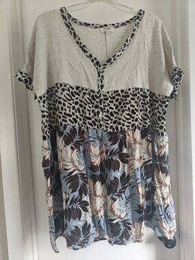 Umgee Lightweight Mixed-Print Short Sleeve Tunic - Beige, Blue & Brown